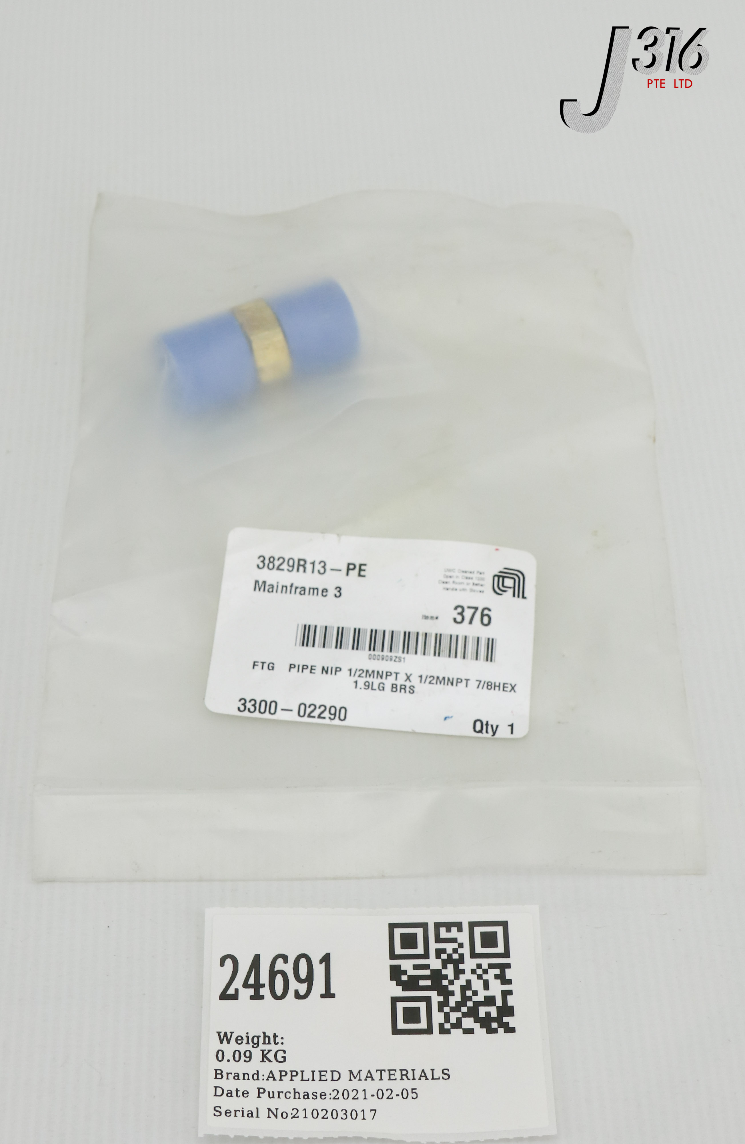 24691 APPLIED MATERIALS FTG PIPE NIP 1/2MNPT X 1/2MNPT 7/8HEX (NEW